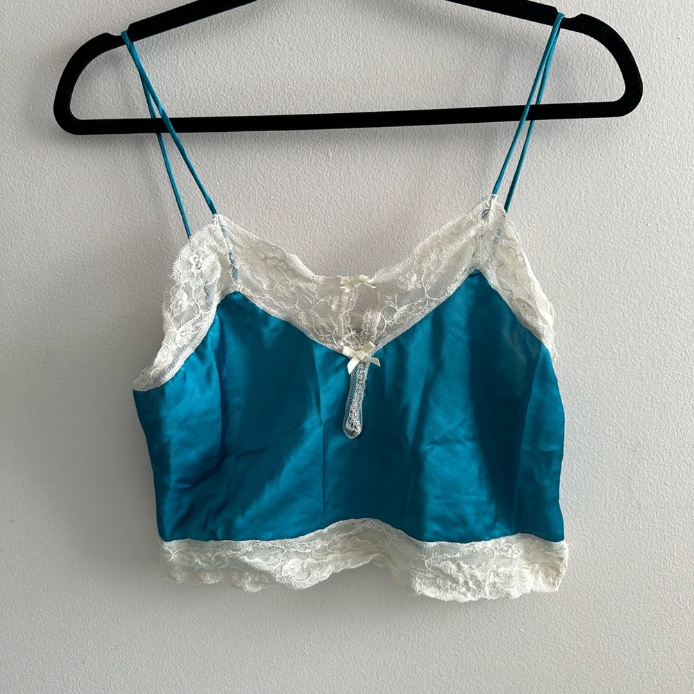 Vintage Frederick’s of Hollywood blue satin lace crop tank